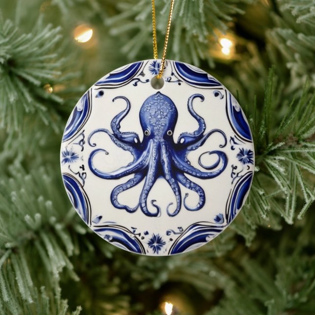 Octopus Blue and White Sea Ocean Beach House Julgransprydnad Keramik (Träd)