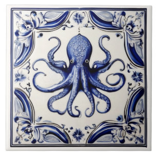 Octopus Blue and White Sea Ocean Beach House Kakelplatta