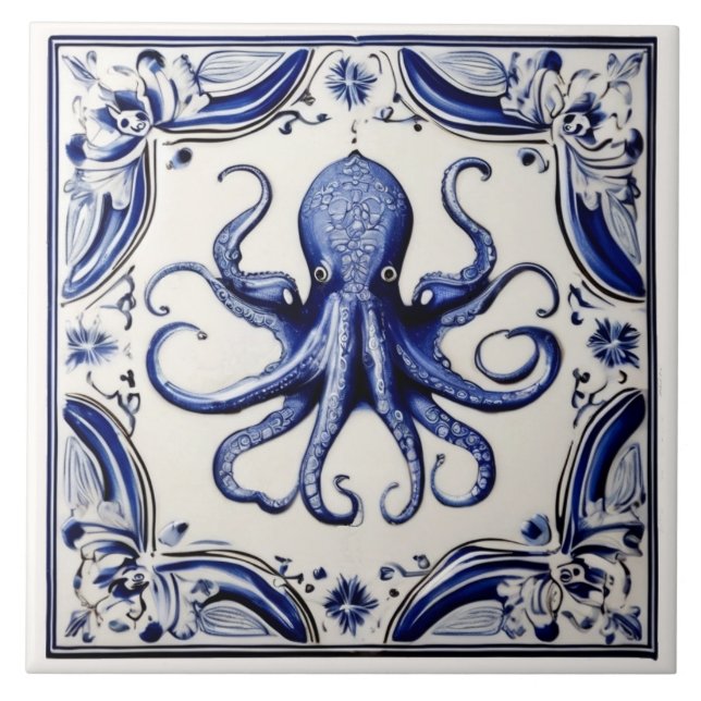 Octopus Blue and White Sea Ocean Beach House Kakelplatta (Framsidan)