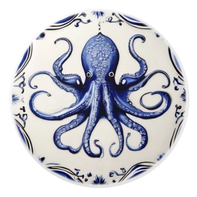 Octopus Blue and White Sea Ocean Beach House Knopp (Framsidan)
