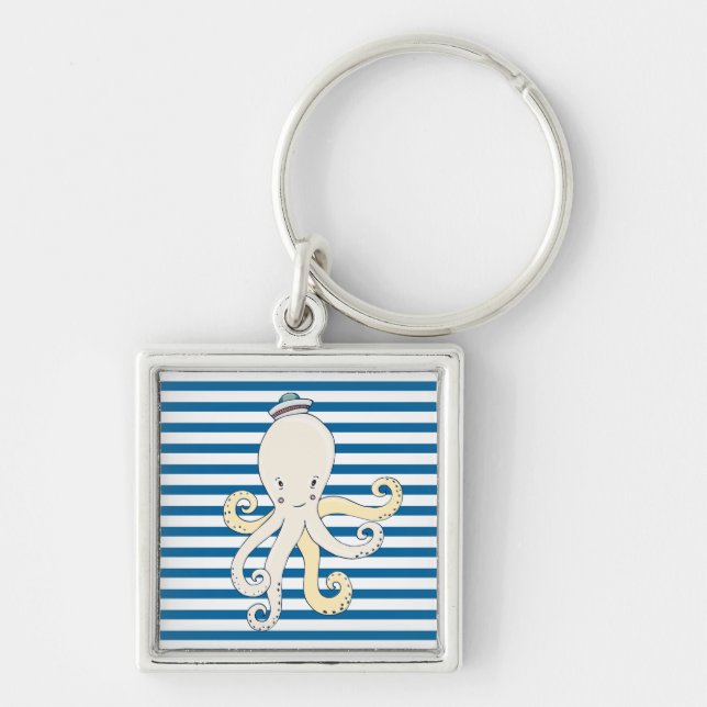 Octopus Blue och White Rand Fyrkantig Silverfärgad Nyckelring (Framsidan)