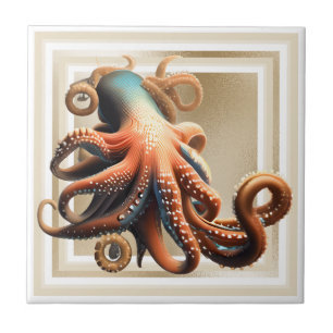 Octopus blue orange 3D nautisk strand guld chic Kakelplatta