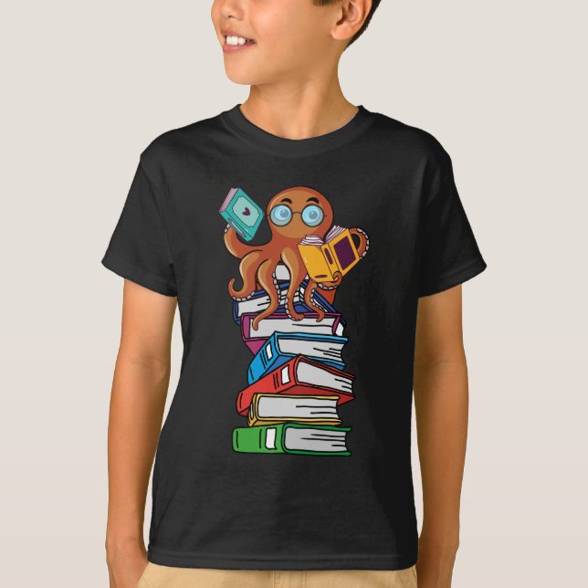 Octopus Bok Reading Kraken Bibliotek Humor Reader T Shirt (Framsida)