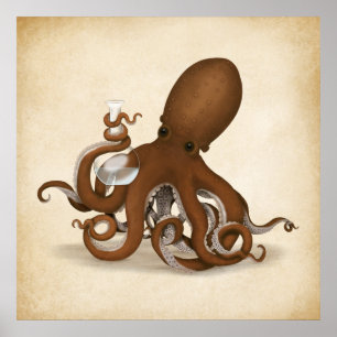 Octopus Chemist Holding Glass Plask Steampunk Lab Poster