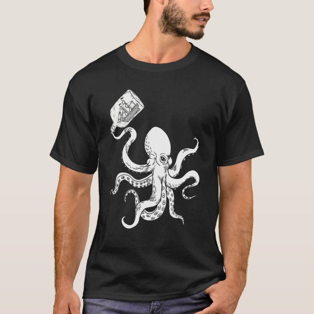 Octopus Clipper Frakt i Flaska Tattoo Pirat Frakt T Shirt (Framsida)