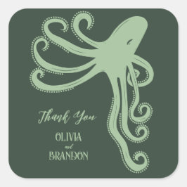 Octopus Deep Sea Modern Bröllop, Grönt Fyrkantigt Klistermärke