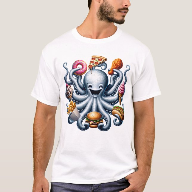Octopus Fast Food Ice Cream Donut Fransk Fries T Shirt (Framsida)