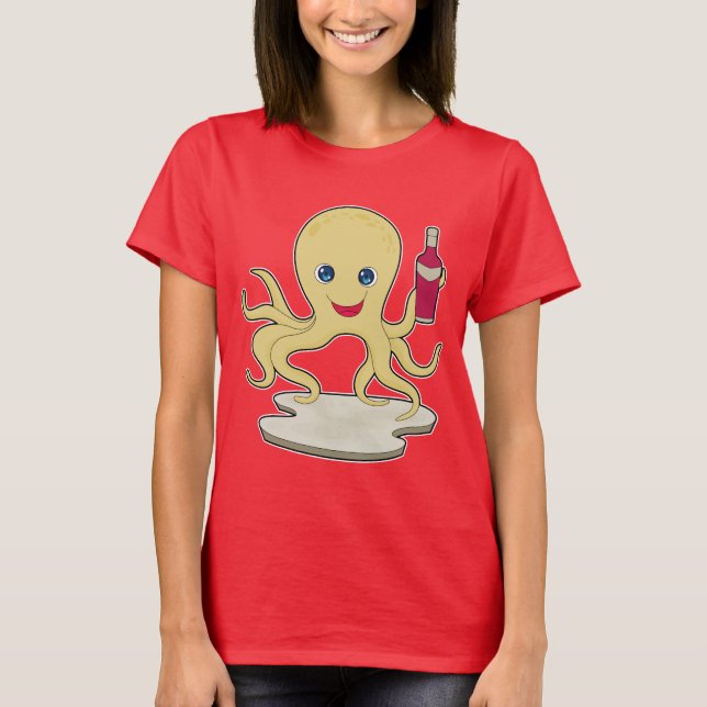 Octopus Flaska Vin T Shirt (Framsida)