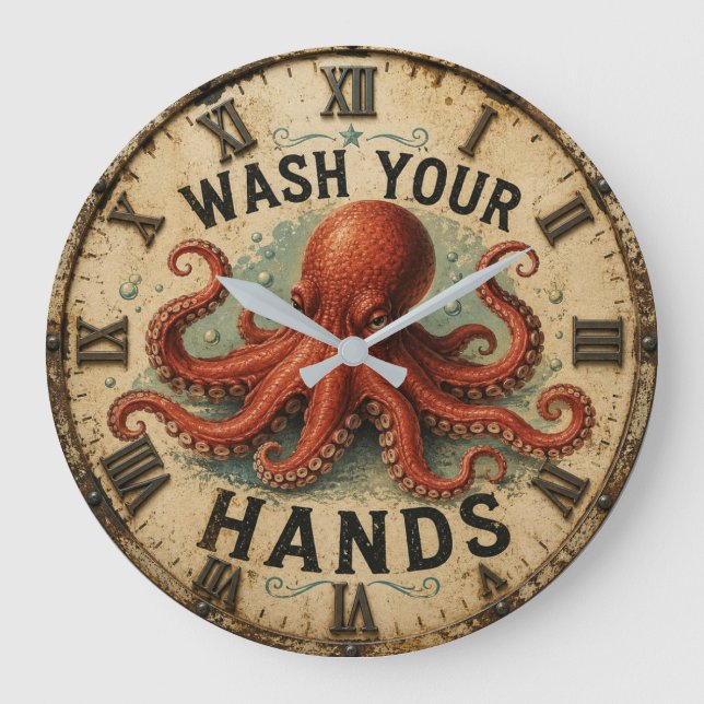  Octopus Funny Coastal Nautical Beach House Stor Klocka (Framsida)