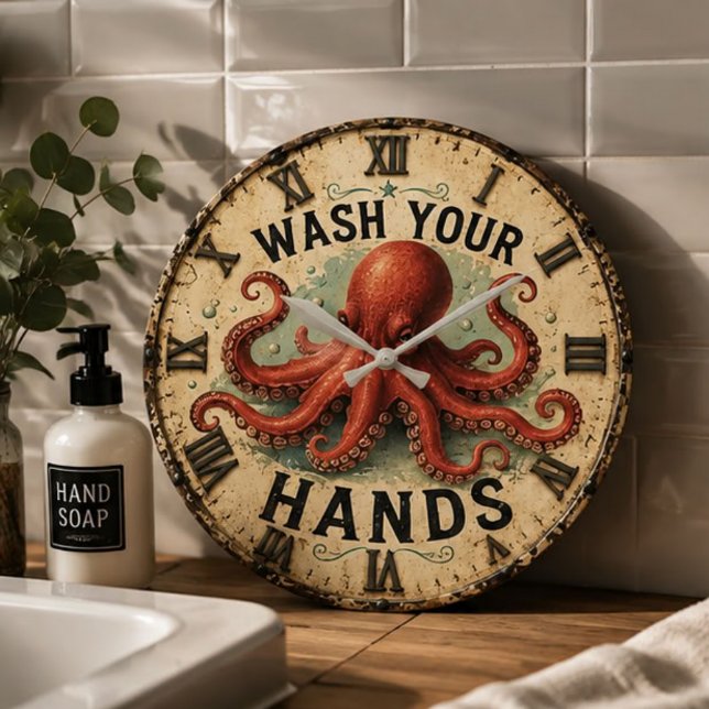  Octopus Funny Coastal Nautical Beach House Stor Klocka (Skapare uppladdad)