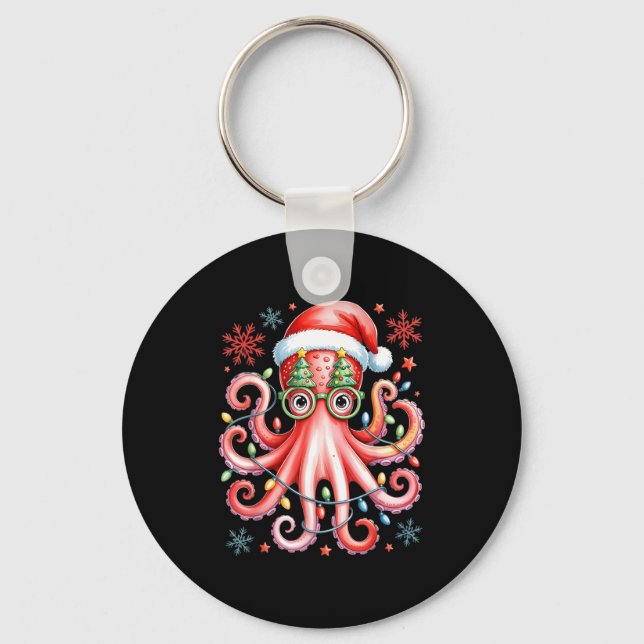 Octopus Gles Santa Hat Christmas Light Ocean Anima Nyckelring (Framsida)