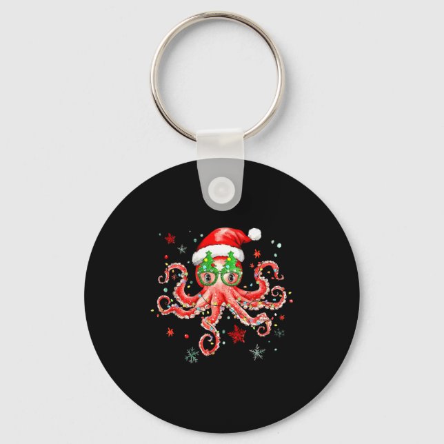 Octopus Gles Santa Hat Christmas Light Ocean Anima Nyckelring (Framsida)