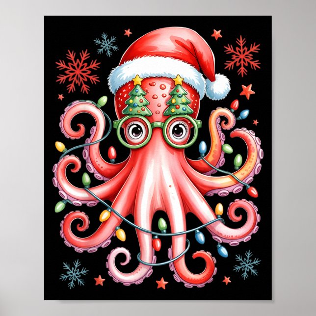Octopus Gles Santa Hat Christmas Light Ocean Anima Poster (Framsidan)