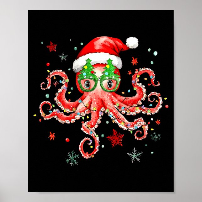 Octopus Gles Santa Hat Christmas Light Ocean Anima Poster (Framsidan)