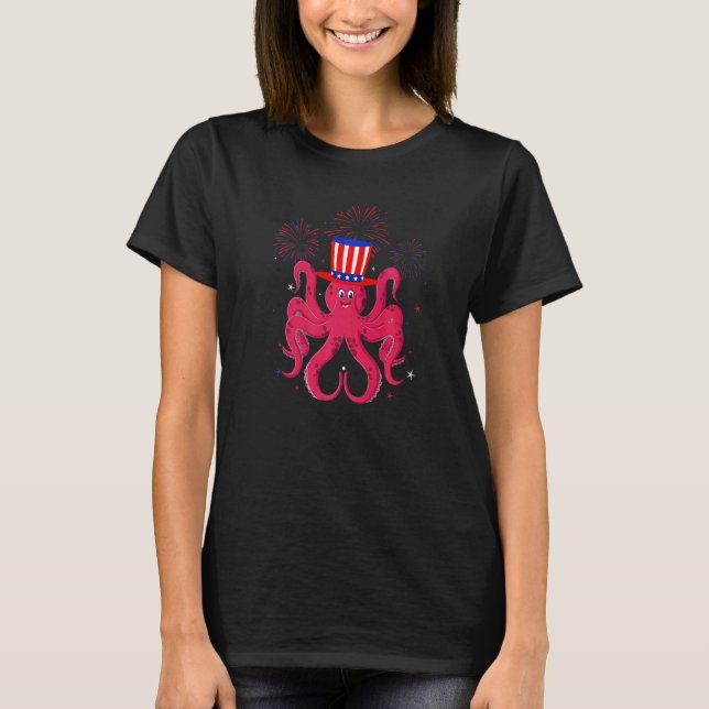 Octopus Graphic Rött vitt blått Fireworks Decor 4: T Shirt (Framsida)