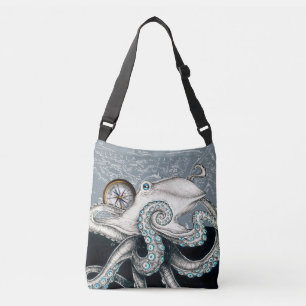 Octopus Grått Compass Vintage Karta Bläck Axelväska