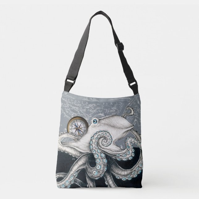 Octopus Grått Compass Vintage Karta Bläck Axelväska (Framsida)