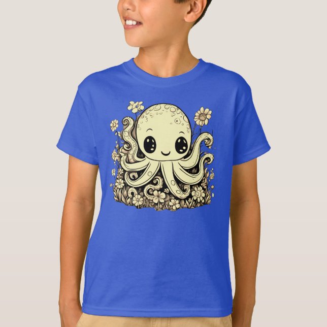 Octopus in Flowers Cute Animal Design T Shirt (Framsida)