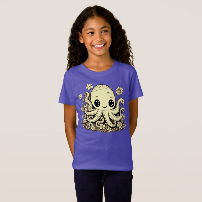 Octopus in Flowers Cute Animal Design T Shirt (Hel framsida)
