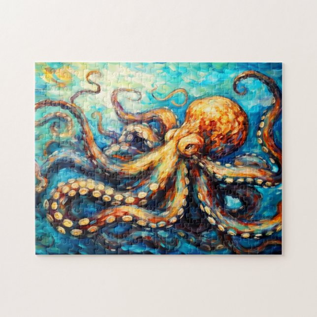 Octopus in Swirling Ocean Oil Painting Pussel (Horisontell)