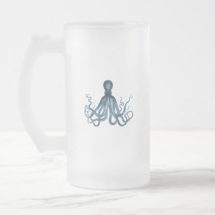Octopus kraken nautisk kuststrandblått frostat ölglas