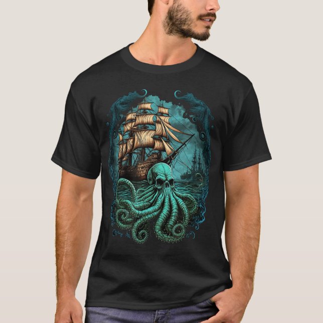 Octopus Kraken Pirat Frakt Sailing T Shirt (Framsida)