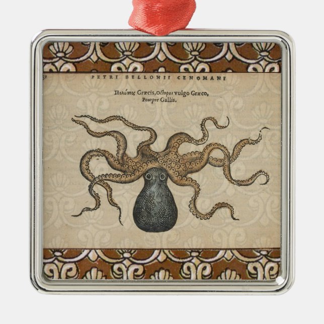 Octopus Kraken Vintage Illustration Julgransprydnad Metall (Framsidan)
