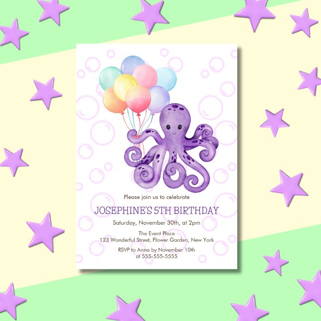 Octopus Lila Bubble Colorful Ballon Birthday Inbjudningar (Skapare uppladdad)