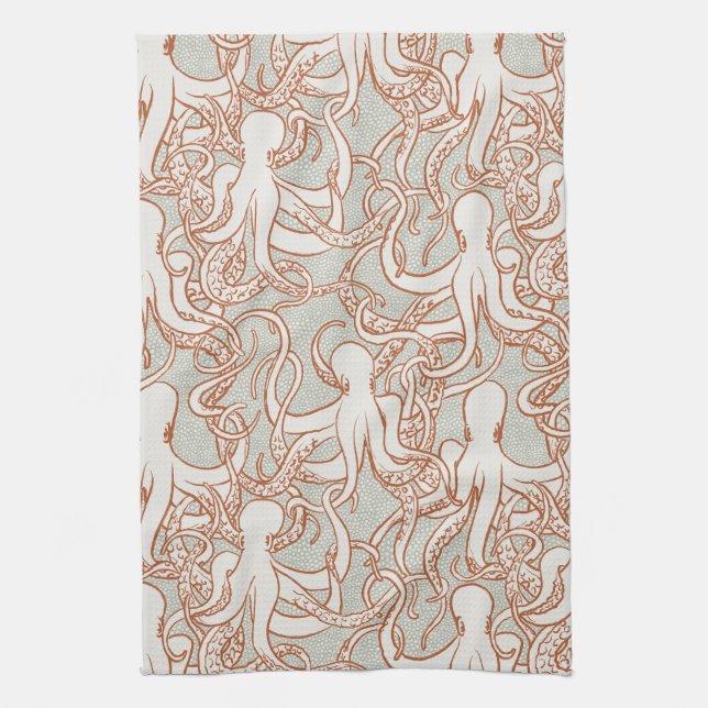 Octopus Line Art | Modern Coastal (Orange & Gray) Kökshandduk (Vertikal)