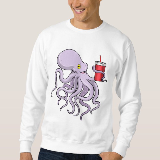 Octopus med drickande mugg lång ärmad tröja (Framsida)