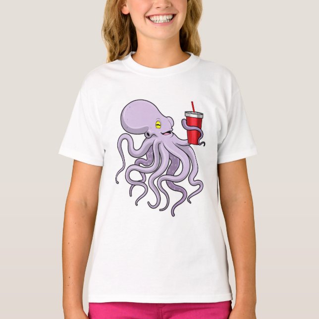 Octopus med drickande mugg t shirt (Framsida)