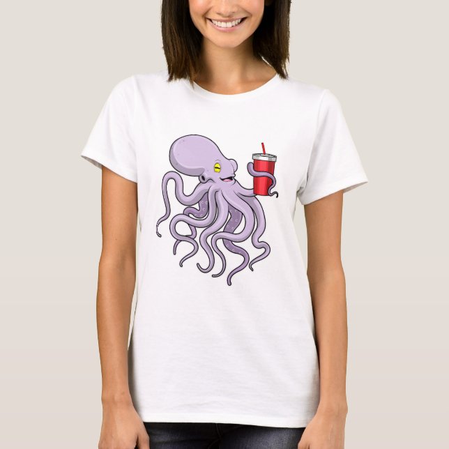 Octopus med drickande mugg t shirt (Framsida)