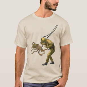 Octopus med en Vintage Diver med hjälp av en dykhj T Shirt