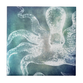 Octopus Midnight Blue Teal Watercolor Vintage Art Kakelplatta