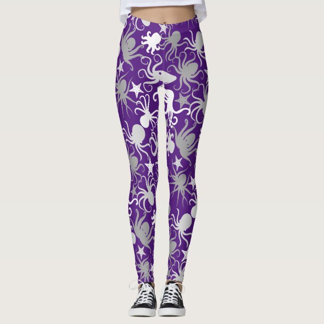 Octopus Mönster.b Lila BG Leggings (Framsida)