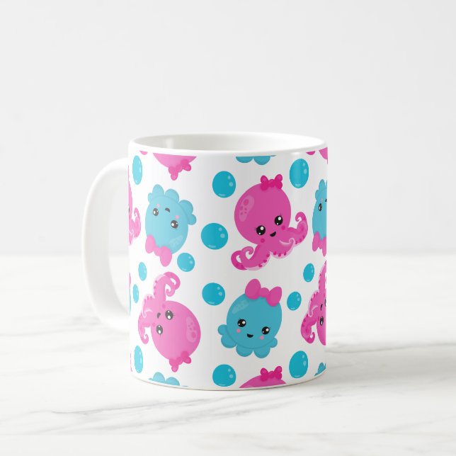 Octopus Mönster, Cute Octopus, Sea Animals Kaffemugg (Framsida vänster)