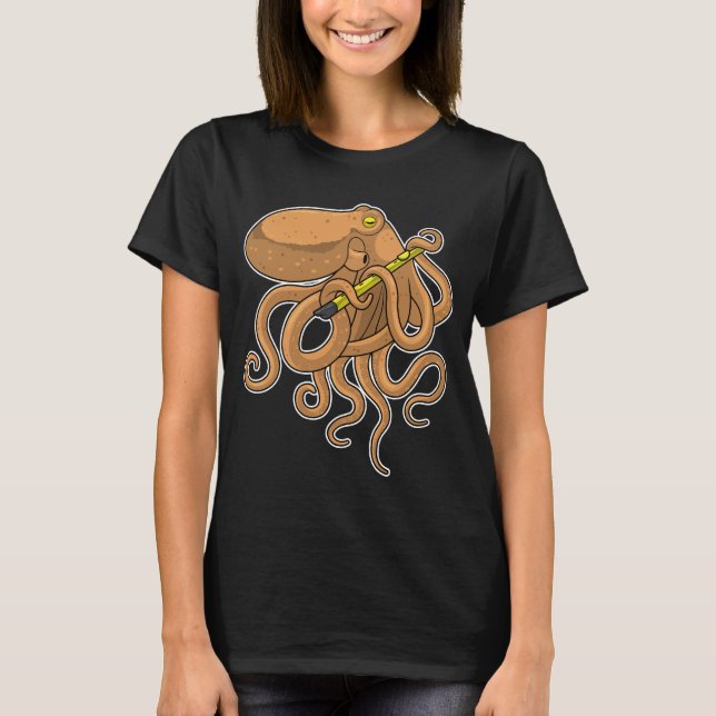 Octopus Musician Flute Music T Shirt (Framsida)