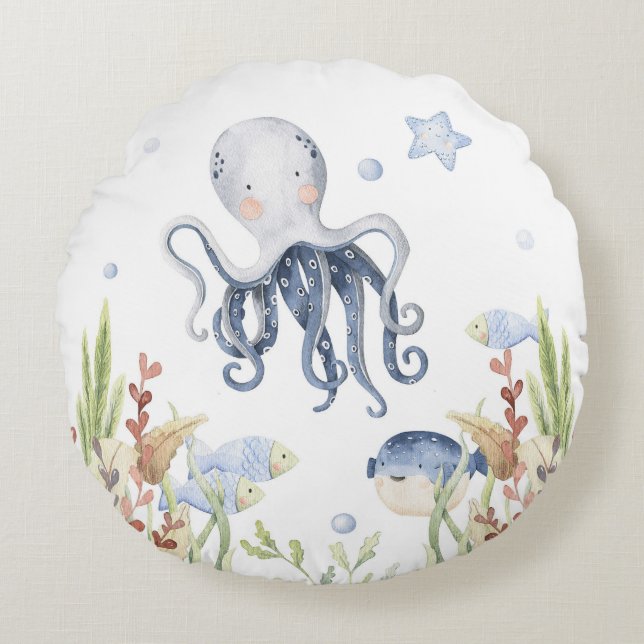 Octopus Nursery Decor, under havet Rund Kudde (Framsidan)
