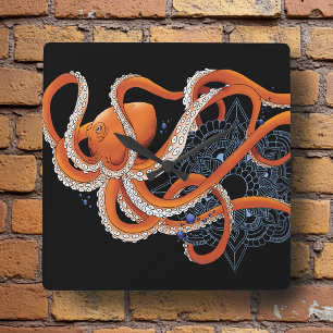 Octopus Orange Mandal Blue Fyrkantig Klocka