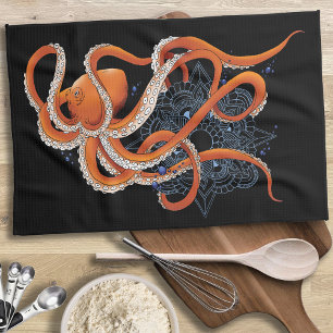 Octopus Orange Mandala Blue Kökshandduk