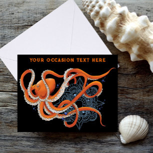Octopus Orange Mandala Blue Kort