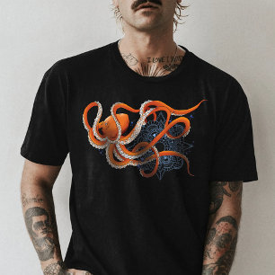 Octopus Orange Mandala Blue T Shirt