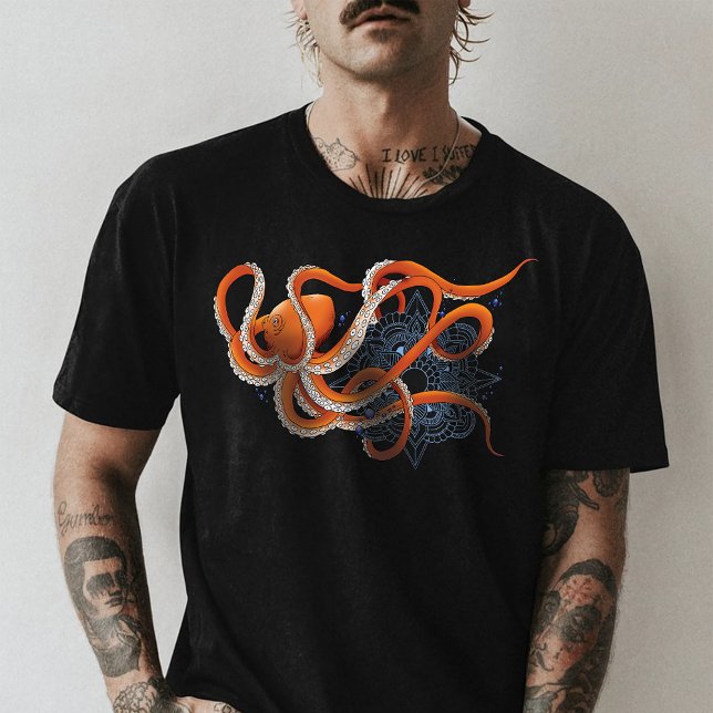 Octopus Orange Mandala Blue T Shirt (Skapare uppladdad)