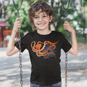 Octopus Orange Mandala Blue T Shirt