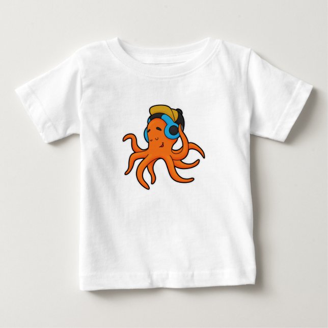Octopus på Music med hörlurar T Shirt (Framsida)