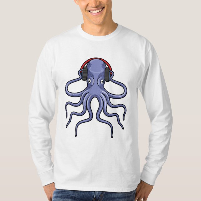 Octopus på Music med hörlurar T Shirt (Framsida)