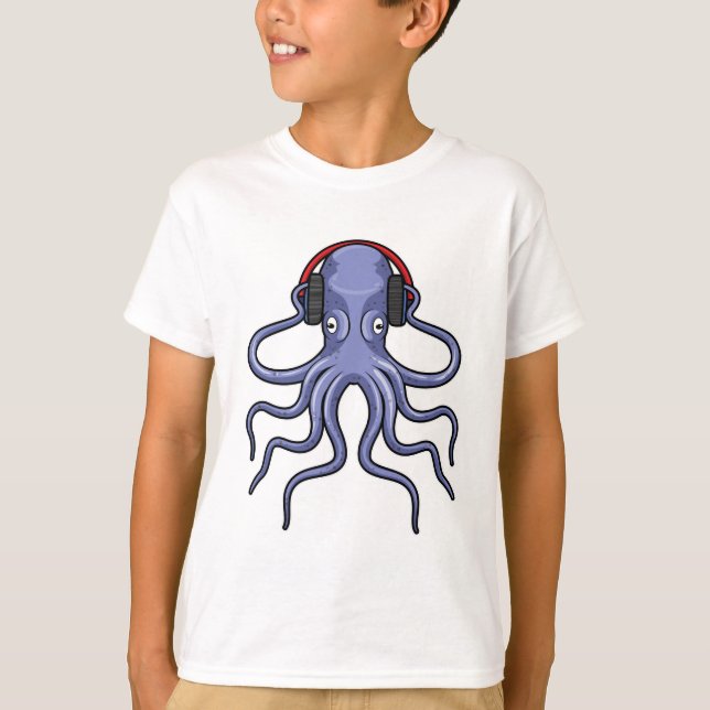 Octopus på Music med hörlurar T Shirt (Framsida)