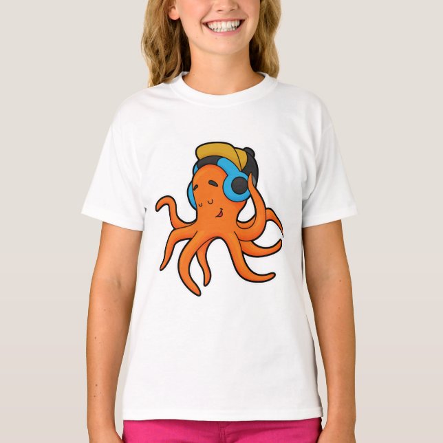 Octopus på Music med hörlurar T Shirt (Framsida)