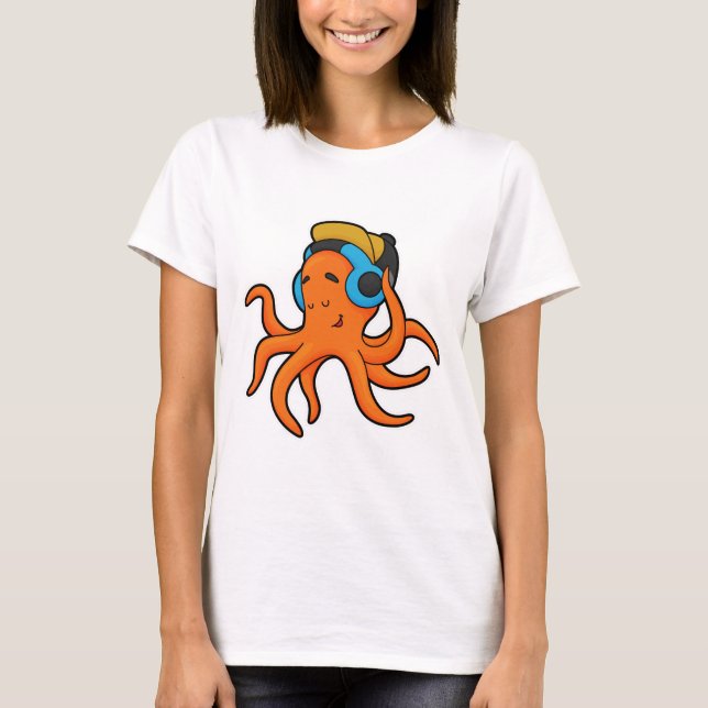 Octopus på Music med hörlurar T Shirt (Framsida)