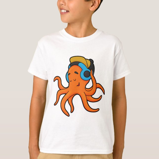 Octopus på Music med hörlurar T Shirt (Framsida)